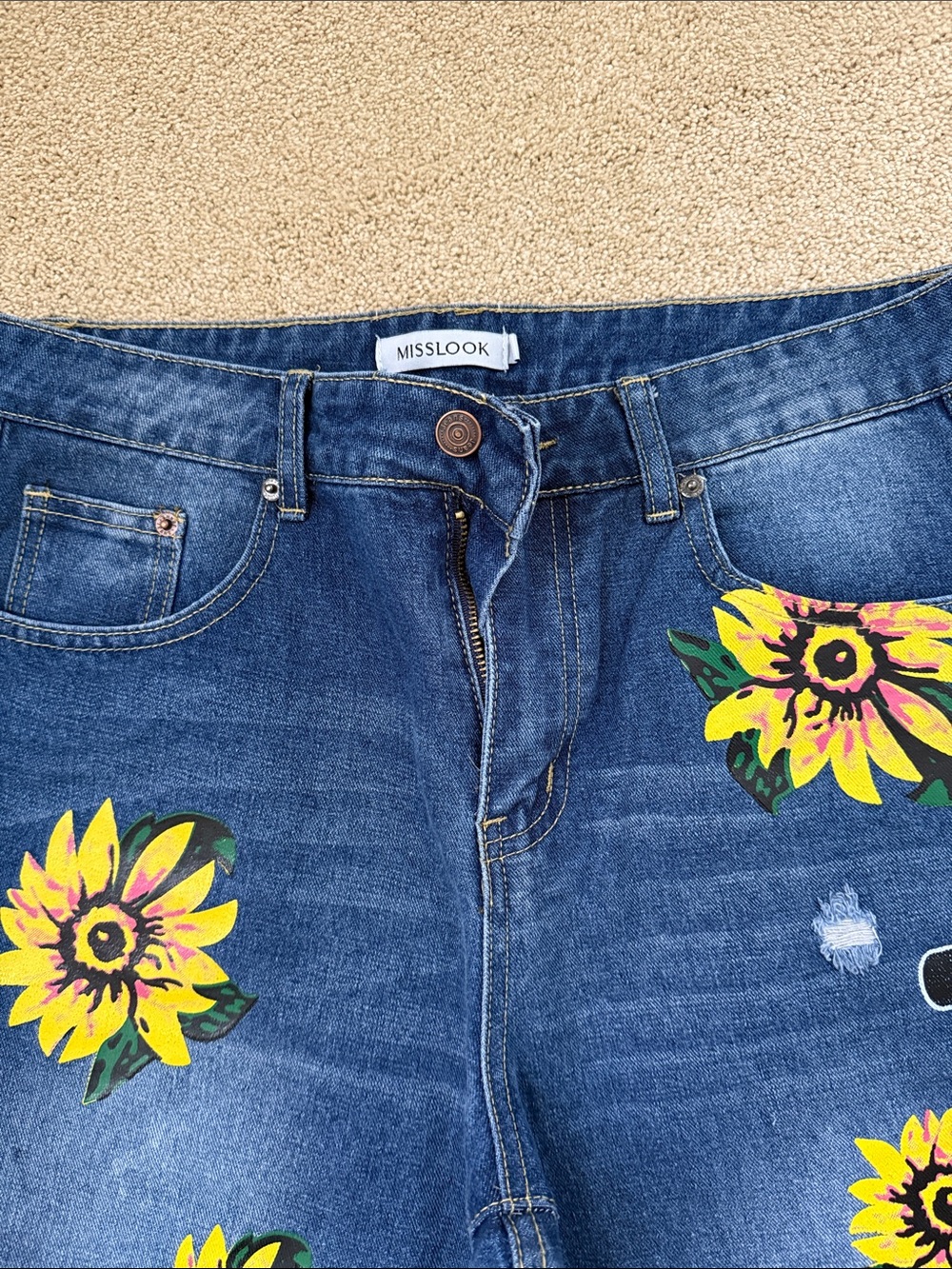 MISSLOOK Denim High-Rise Jeans with Yellow Floral Painted Print